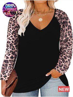 Plus Size Long Sleeve V-Neck T-Shirt Animal Print Color Block Casual Top
